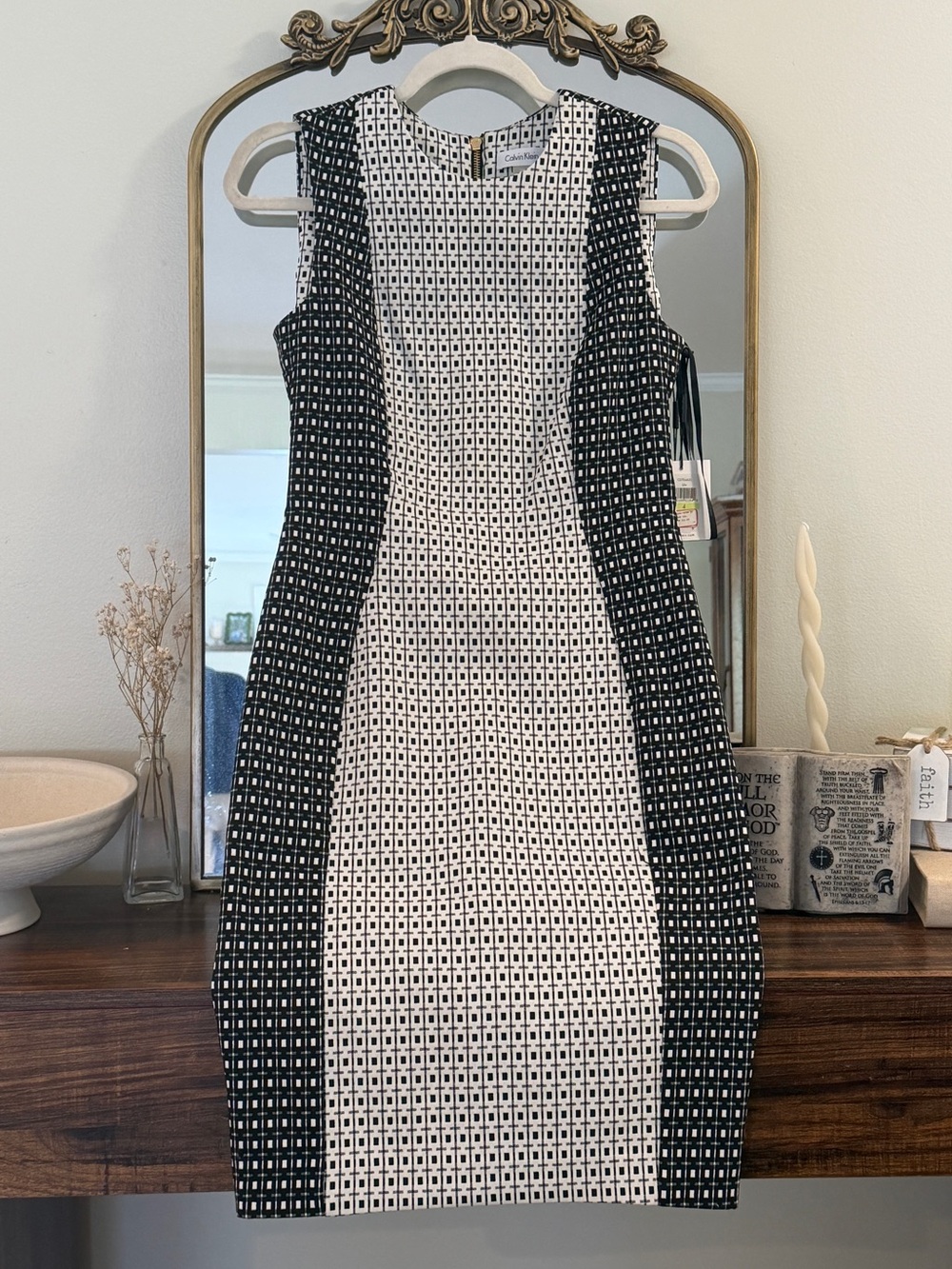Calvin Klein Black and White Geometric Paneled Midi Dress